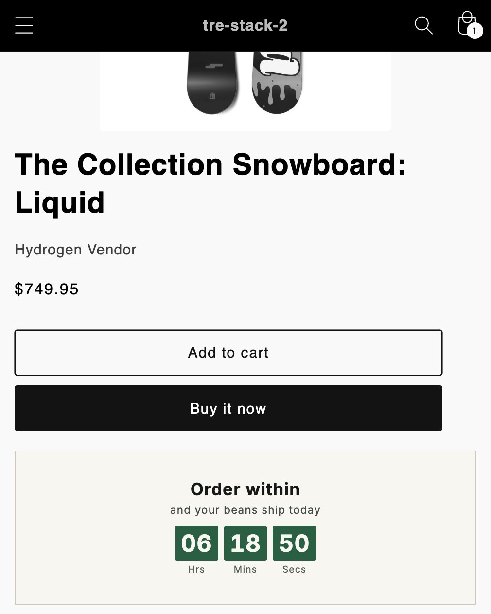 A product page in grayscale, with a timer below the Add to cart and Buy it now buttons reading Order within, and your beans ship today, the hours, minutes and seconds in green boxes