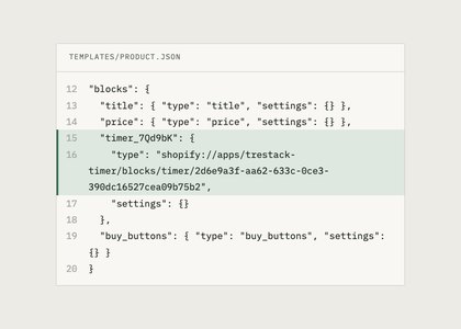 An excerpt of templates/product.json in which an app block is stored as a block entry with a shopify://apps type